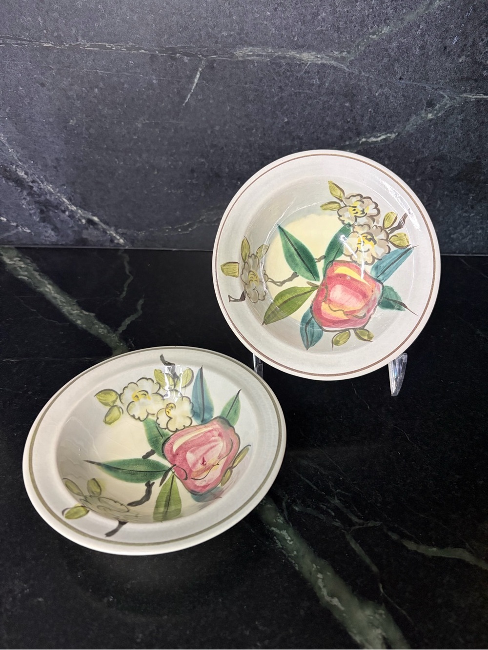 Hand-Painted Red Wing Pottery Normandy Apple blossom bowl pair vtg discontinued